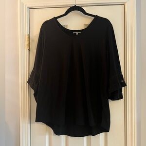 Thyme & Honey, black Blouse with 3/4 mess stripped bell Sleeves, size XL